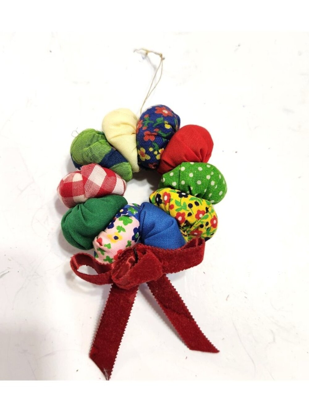 Handmade Fabric Puff Wreath Christmas Ornament with Red Velvet Bow Patchwork